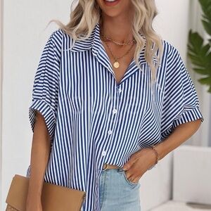 Blue and White Oversized Button Down Blouse